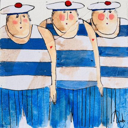 Peinture Les petits baigneurs par Colombo Cécile | Tableau Art naïf Acrylique, Aquarelle, Collage, Encre, Pastel Portraits, Scènes de vie