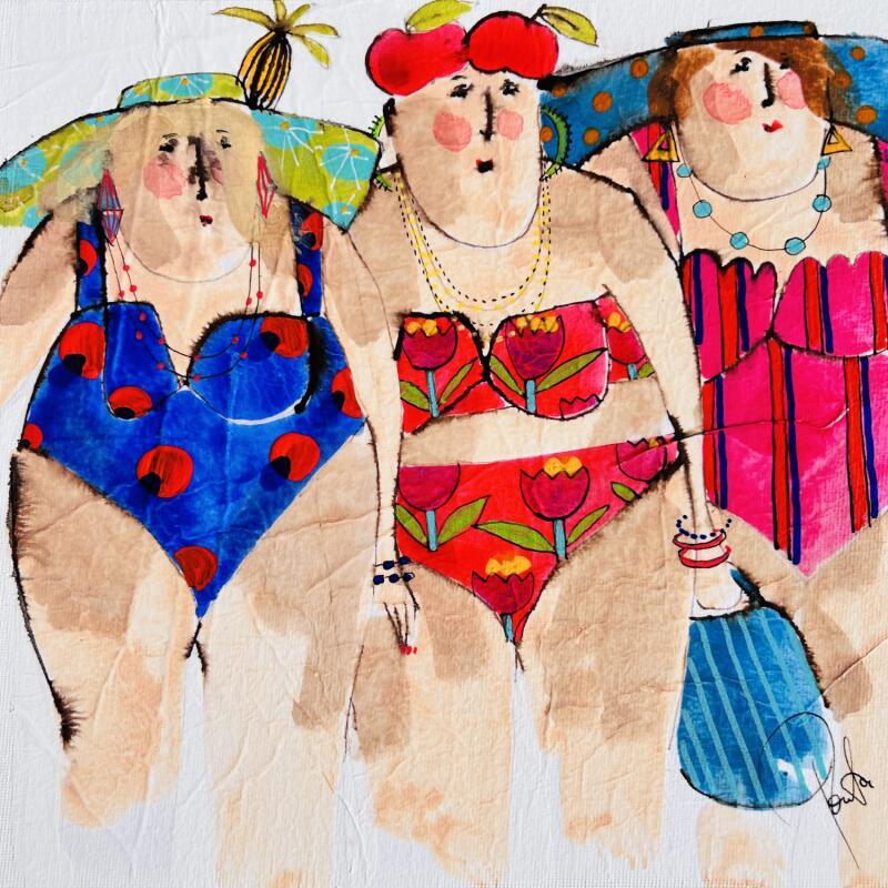 Painting Margaux, Véronique, Susanne by Colombo Cécile | Painting Naive art Portrait Watercolor Acrylic Gluing Ink Pastel