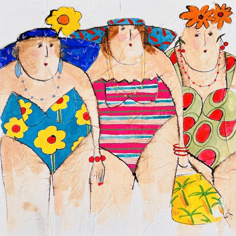 Painting Suzon, Margaux, Laura by Colombo Cécile | Painting Naive art Portrait Watercolor Acrylic Gluing Ink Pastel