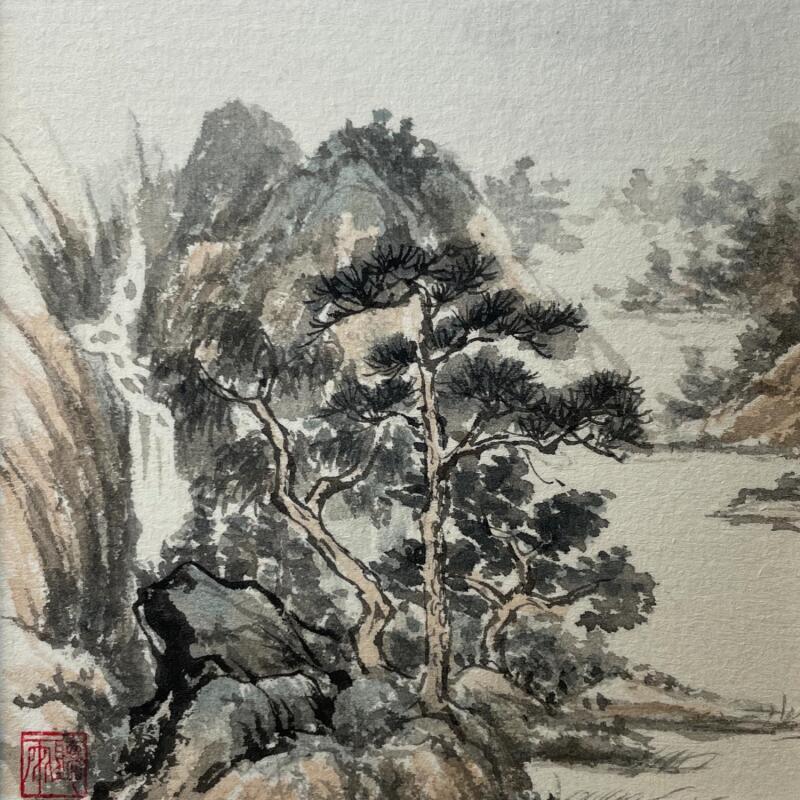 Peinture Waterfall par Yu Huan Huan | Tableau Figuratif Paysages Nature Aquarelle Encre