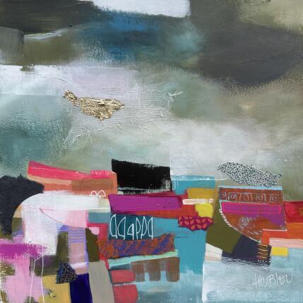 Painting Balade sur les passerelles by Lau Blou | Painting Abstract Acrylic, Cardboard, Gluing, Gold leaf, Pastel