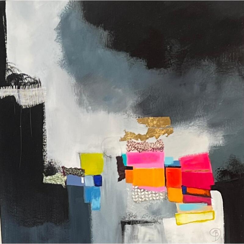 Peinture La vie de la nuit par Lau Blou | Tableau Abstrait Carton Acrylique Collage Pastel Feuille d'or