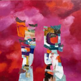 Peinture Les amis de fête par Lau Blou | Tableau Abstrait Acrylique, Carton, Collage, Feuille d'or, Pastel