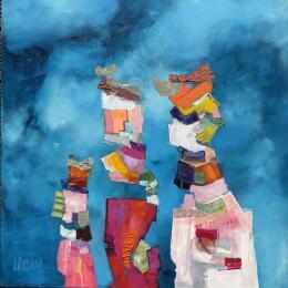 Painting Enfant sous protection  by Lau Blou | Painting Abstract Acrylic, Cardboard, Gluing, Gold leaf, Pastel