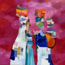 Painting L'enfant caché by Lau Blou | Painting Abstract Acrylic, Gluing, Gold leaf, Pastel Portrait