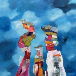 Painting Nous aimerons notre petit by Lau Blou | Painting Abstract Acrylic, Cardboard, Gluing, Gold leaf, Pastel Portrait