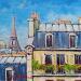 Gemälde BALCON FLEURI PRES DE LA TOUR EIFFEL von Euger | Gemälde Figurativ Landschaften Urban Architektur Acryl