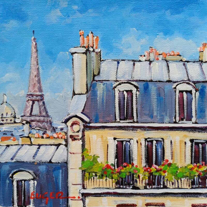 Gemälde BALCON FLEURI PRES DE LA TOUR EIFFEL von Euger | Gemälde Figurativ Landschaften Urban Architektur Acryl