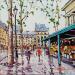 Peinture MARCHANDS DE FLEURS PLACE DE LA MADELEINE A PARIS par Euger | Tableau Figuratif Urbain Scènes de vie Architecture Acrylique