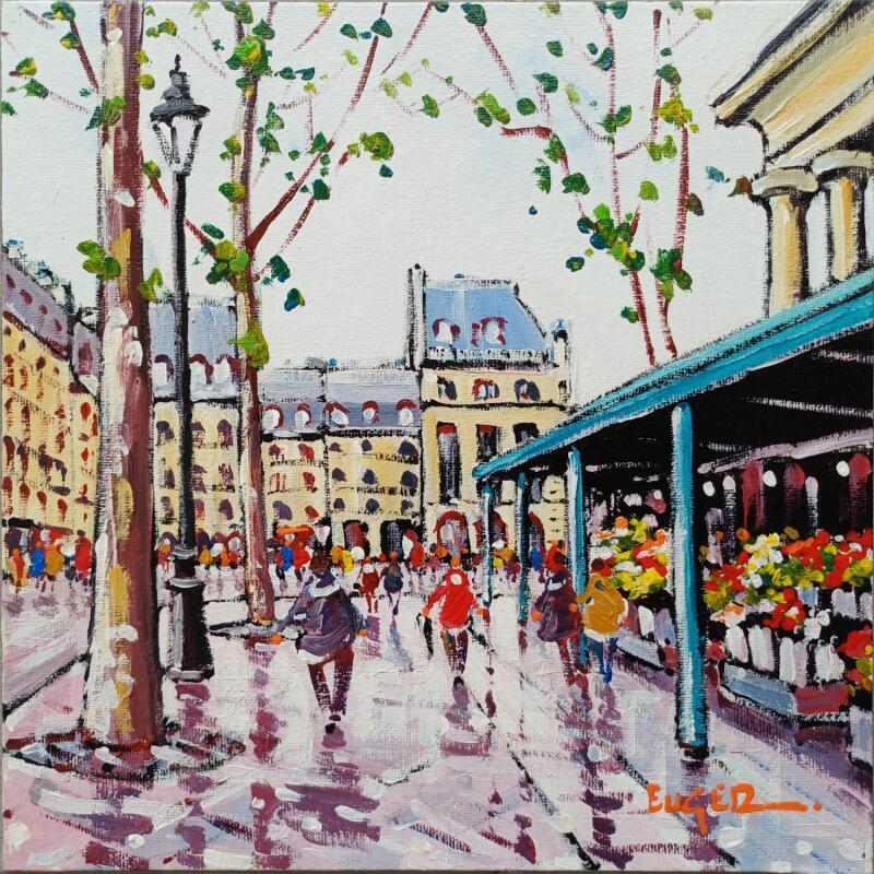 Peinture MARCHANDS DE FLEURS PLACE DE LA MADELEINE A PARIS par Euger | Tableau Figuratif Urbain Scènes de vie Architecture Acrylique