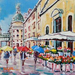 Gemälde FLEURS RUE DE CAUMARTIN A PARIS von Euger | Gemälde Figurativ Acryl Alltagsszenen, Architektur, Urban