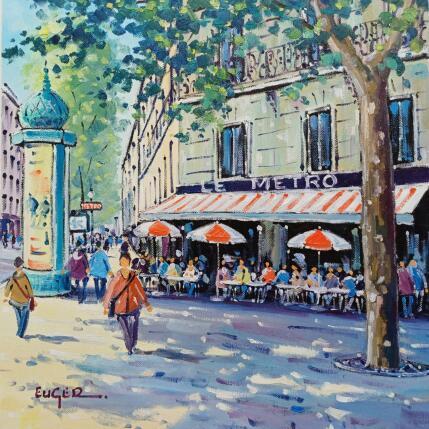 Peinture TERRASSE DU METRO BOULEVARD SAINT GERMAIN A PARIS par Euger | Tableau Figuratif Huile Scènes de vie, Société, Urbain