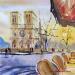 Painting Au café au bord de Notre DAme by Bailly Kévin  | Painting Figurative Urban Architecture Watercolor Ink