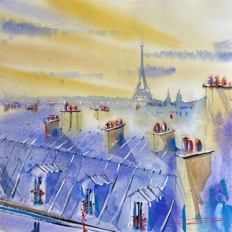 Gemälde Les cheminées de Paris von Bailly Kévin  | Gemälde Figurativ Urban Architektur Aquarell Tinte