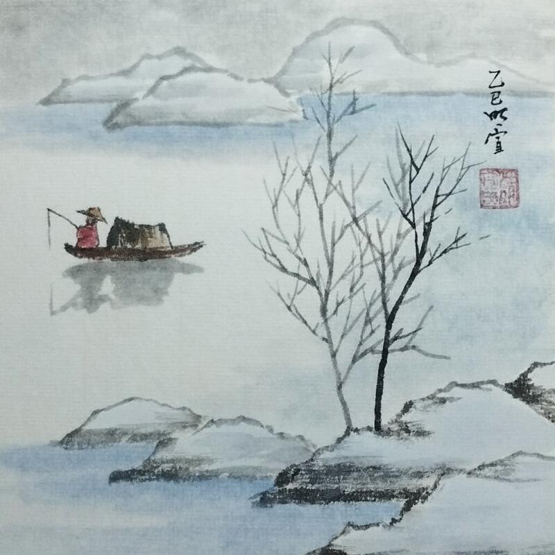 Painting Winter lake by Du Mingxuan | Painting Figurative Landscapes Watercolor Ink