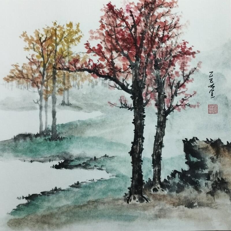 Painting Autumn lakeside by Du Mingxuan | Painting Figurative Landscapes Watercolor Ink
