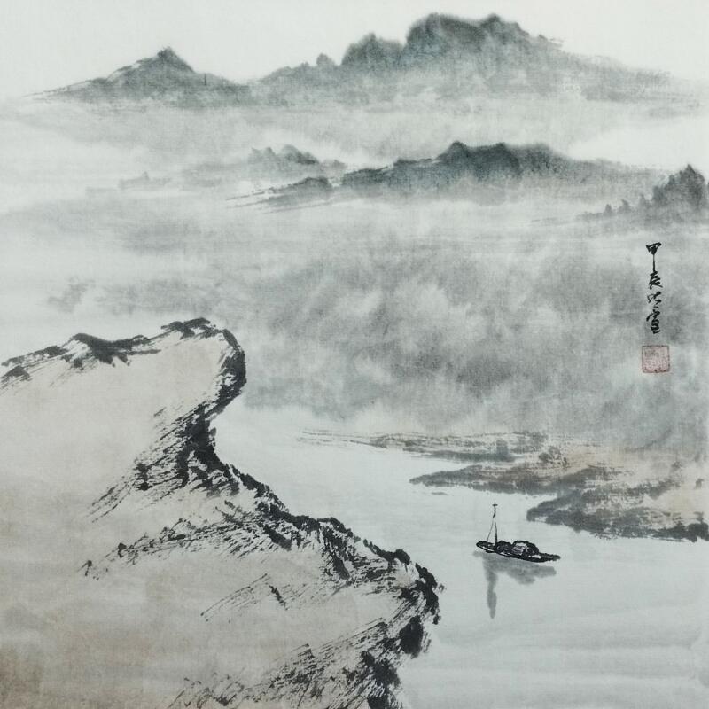 Painting Foggy river by Du Mingxuan | Painting Figurative Landscapes Watercolor Ink
