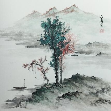 Painting Boat and autumn lake by Du Mingxuan | Painting Figurative Ink, Watercolor Landscapes