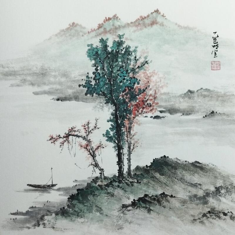 Peinture Boat and autumn lake par Du Mingxuan | Tableau Figuratif Paysages Aquarelle Encre