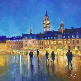 Painting Grand Place by night by Jung François | Painting Figurative Oil Urban