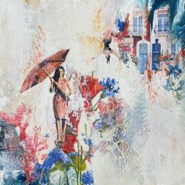 Gemälde Sauter dans le vide von Bergeron Marie-Josée | Gemälde Surrealismus Acryl, Collage, Papier, Pastell, Posca