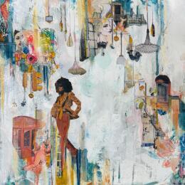 Gemälde Sous les projecteurs von Bergeron Marie-Josée | Gemälde Surrealismus Acryl, Collage, Papier, Pastell, Posca