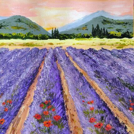 Peinture Champs de lavande à la fin du jour. par Rey Ewa | Tableau Figuratif Acrylique Paysages