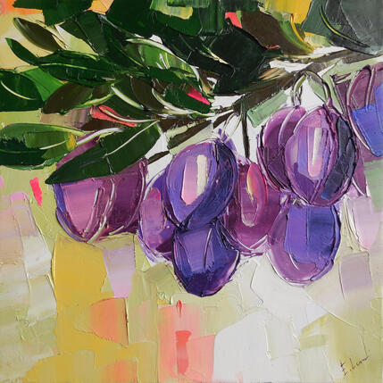 Painting Plums on a Branch by Lunetskaya Elena | Painting Figurative Oil Landscapes, Minimalist, Nature, Pop icons