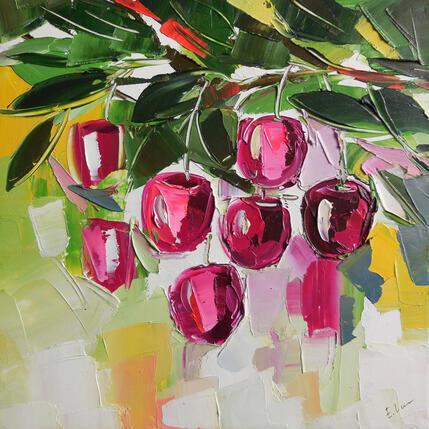 Painting Cherry Branch by Lunetskaya Elena | Painting Figurative Oil Landscapes, Minimalist, Nature, Pop icons