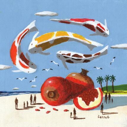 Peinture Carpes et grenades sur la plage par Lionnet Pascal | Tableau Surréalisme Acrylique Animaux, Marine, Scènes de vie