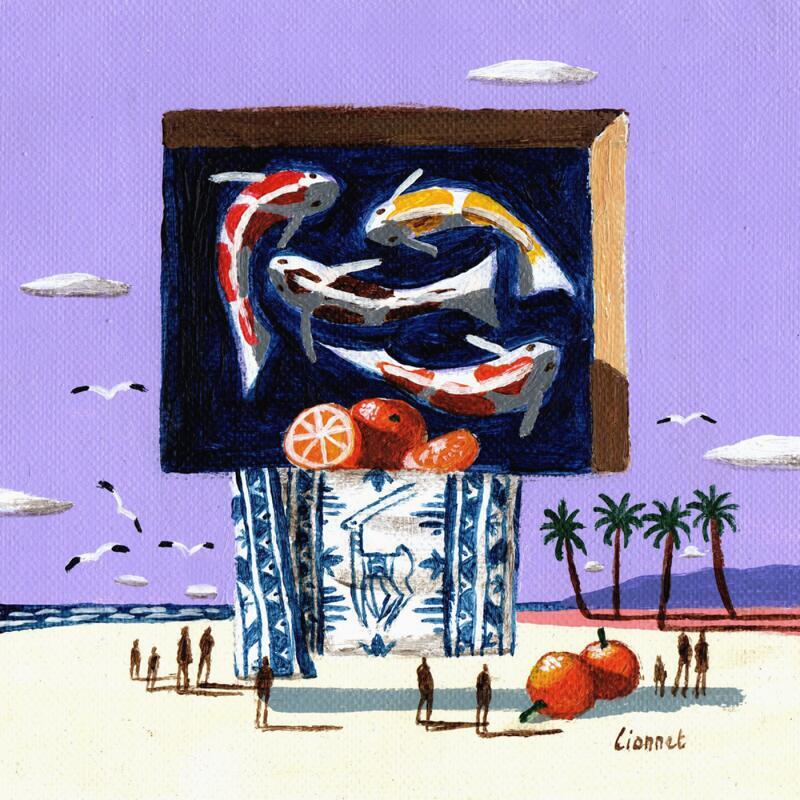 Peinture Fenêtre aux carpes par Lionnet Pascal | Tableau Surréalisme Marine Scènes de vie Animaux Acrylique