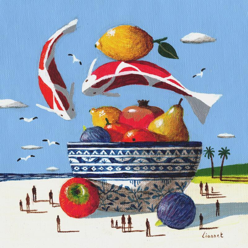 Painting Carpes et coupe de fruits by Lionnet Pascal | Painting Surrealism Marine Animals Still-life Acrylic