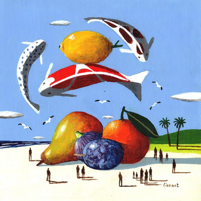 Painting Carpes et fruits by Lionnet Pascal | Painting Surrealism Life style Animals Still-life Acrylic