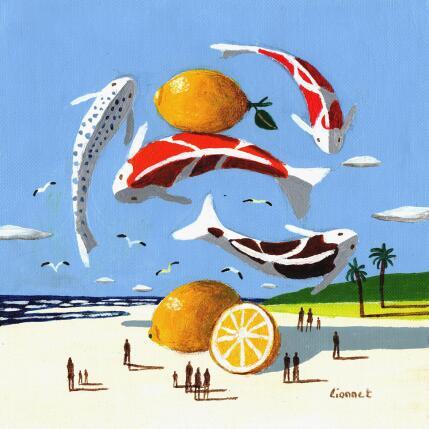 Peinture Carpes sur la plage aux citrons par Lionnet Pascal | Tableau Surréalisme Acrylique Animaux, Marine, Scènes de vie