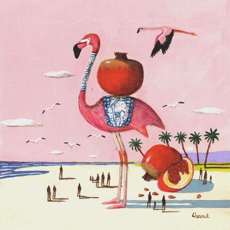 Peinture Flamants roses aux grenades par Lionnet Pascal | Tableau Surréalisme Marine Scènes de vie Animaux Acrylique