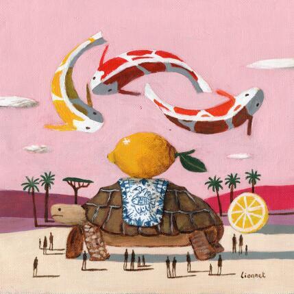 Peinture Tortue et carpes par Lionnet Pascal | Tableau Surréalisme Acrylique Animaux, Paysages, Scènes de vie