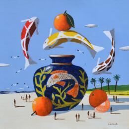 Painting Carpes au vase bleu by Lionnet Pascal | Painting Surrealism Acrylic Animals, Marine, Still-life