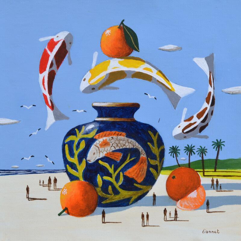 Painting Carpes au vase bleu by Lionnet Pascal | Painting Surrealism Marine Animals Still-life Acrylic