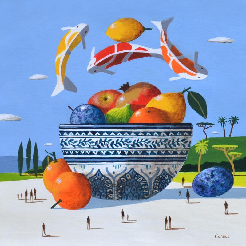 Peinture Carpes et coupe de fruits par Lionnet Pascal | Tableau Surréalisme Scènes de vie Animaux Natures mortes Acrylique
