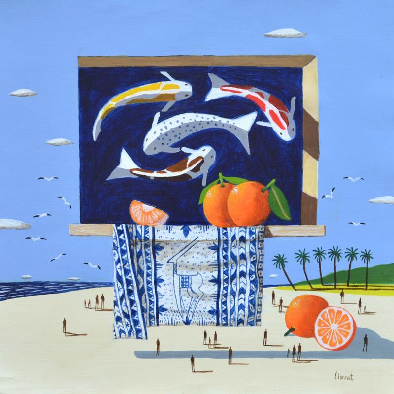 Peinture Carpes sur la plage par Lionnet Pascal | Tableau Surréalisme Marine Animaux Natures mortes Acrylique