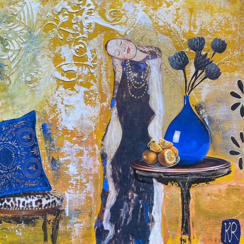 Gemälde Espiègle  von Romanelli Karine | Gemälde Figurativ Porträt Alltagsszenen Acryl Collage Posca Pastell Blattgold Papier