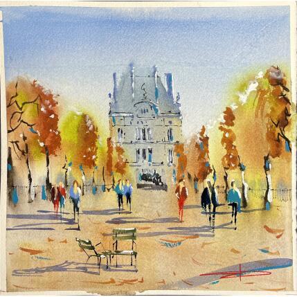 Peinture Promenade aux Tuileries par Bailly Kévin  | Tableau Figuratif Aquarelle, Encre Architecture, Urbain