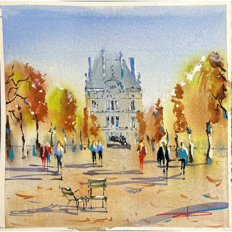 Gemälde Promenade aux Tuileries von Bailly Kévin  | Gemälde Figurativ Urban Architektur Aquarell Tinte