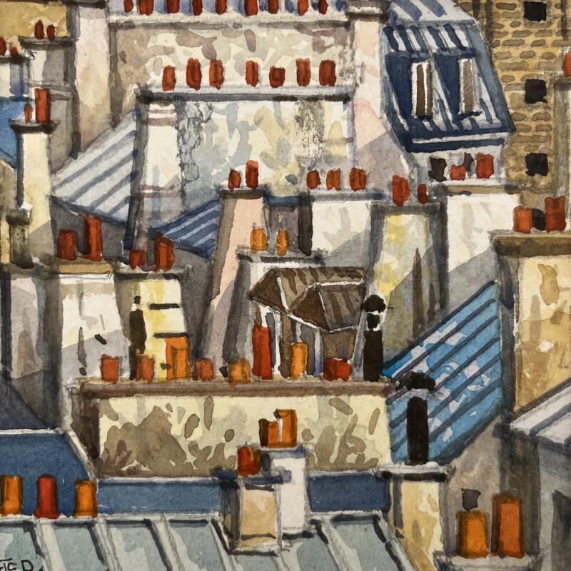 Peinture Les cheminées rouges par Decoudun Jean charles | Tableau Figuratif Urbain Aquarelle