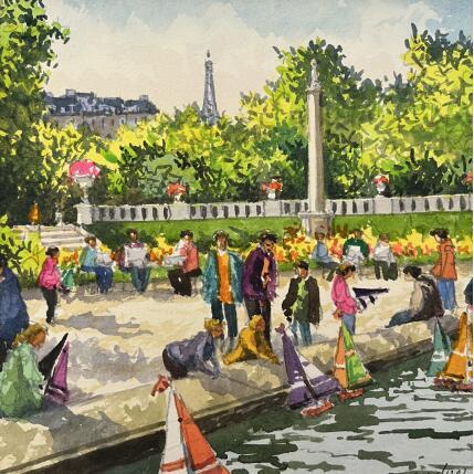 Peinture Les petits bateaux du bassin du Luxembourg par Decoudun Jean charles | Tableau Figuratif Aquarelle Urbain