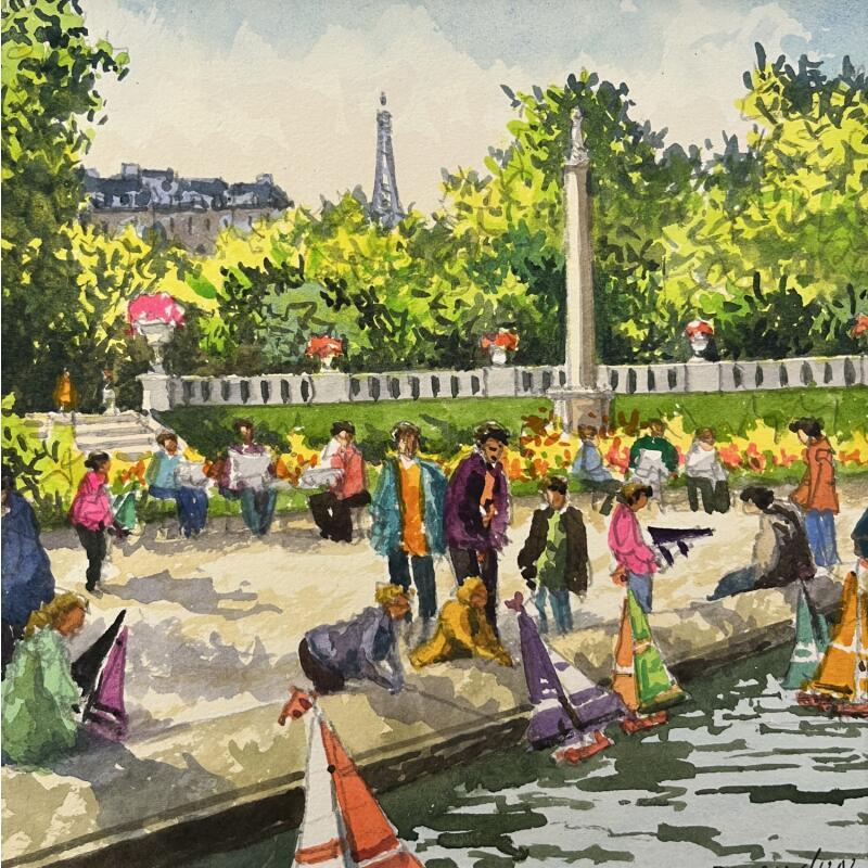 Peinture Les petits bateaux du bassin du Luxembourg par Decoudun Jean charles | Tableau Figuratif Urbain Aquarelle