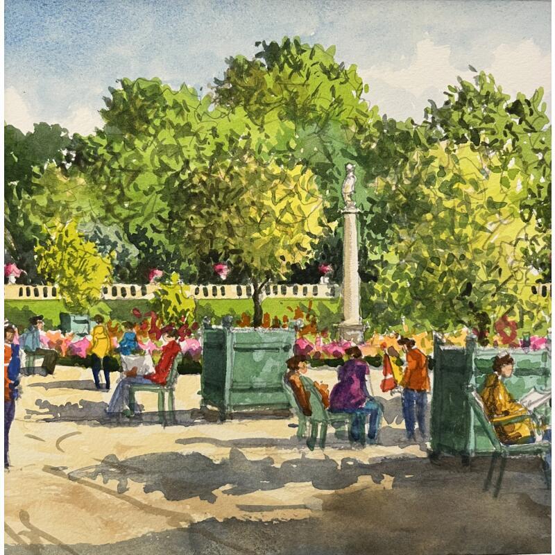 Gemälde Les chaises des jardins du Luxembourg von Decoudun Jean charles | Gemälde Figurativ Urban Aquarell