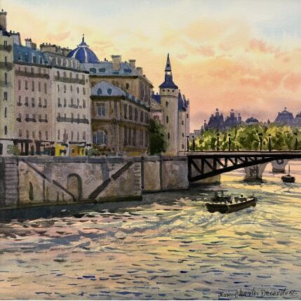 Peinture Le Pont d'Arcole, La Concièrgerie par Decoudun Jean charles | Tableau Figuratif Aquarelle Urbain