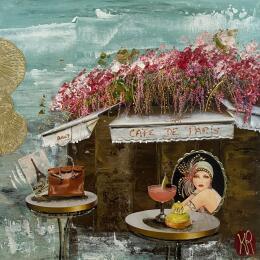 Peinture Café Paris 2 par Romanelli Karine | Tableau Figuratif Acrylique, Collage Scènes de vie, Urbain