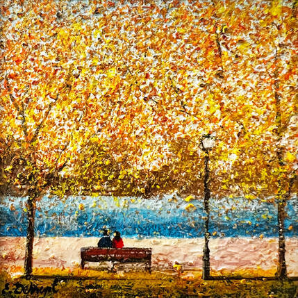 Peinture Les amoureux sur le banc par Dessapt Elika | Tableau Impressionnisme Acrylique, Sable